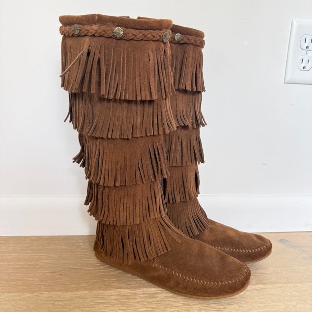 Boho Fringe Minnetonka 5-Layer Suede Moccasin Boots Western Sz 10 Brown